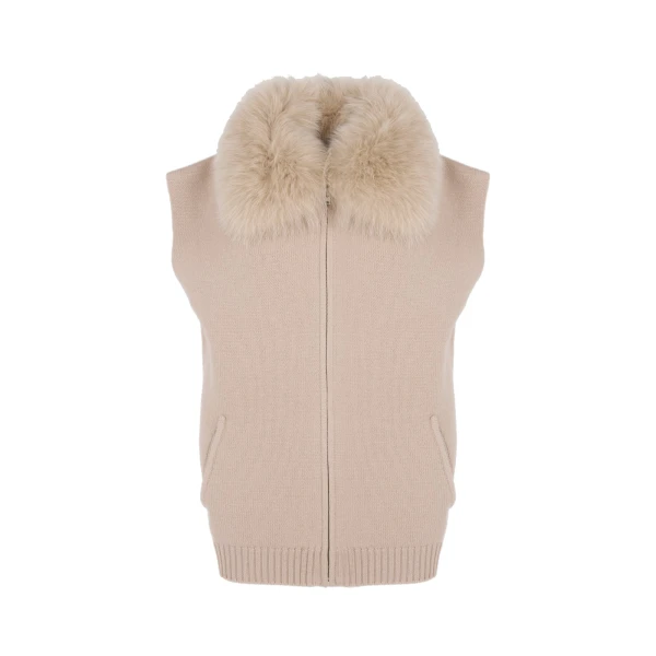 Merino Knit and Fox Fur Jacket in Beige