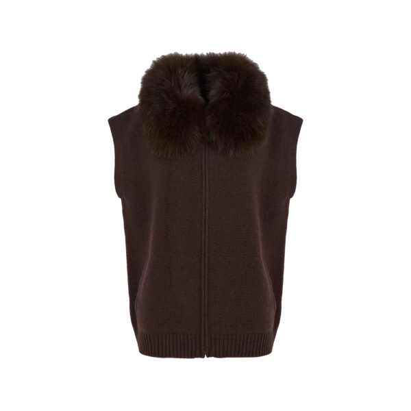 Merino Knit and Fox Fur Jacket in Brown