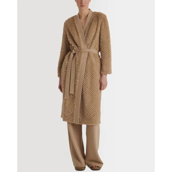 Yves Salomon Merino Knit and Mink Long Jacket in Khaki | Jackets | Coveti