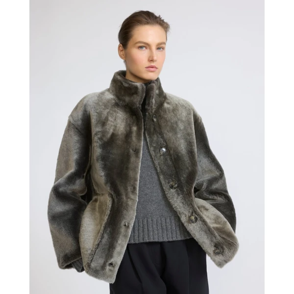 Yves Salomon Merino Lambskin Shearling Jacket in Light Khaki | Shearling Jackets | Coveti