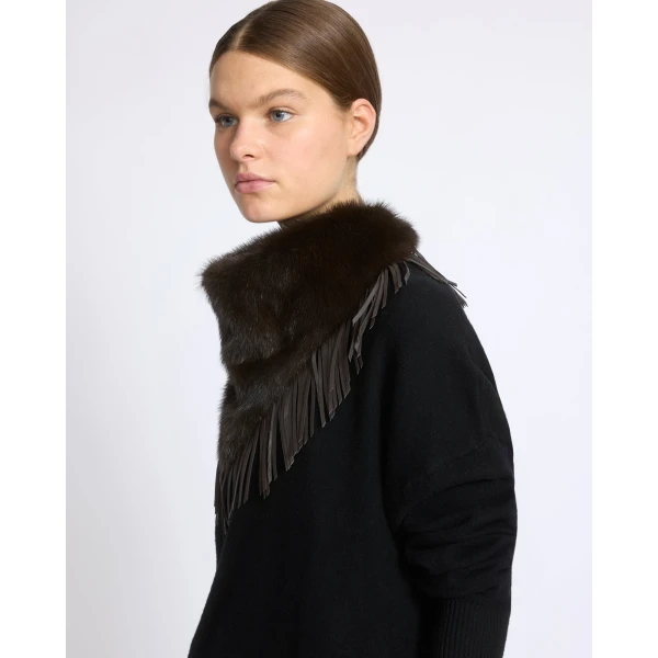 Yves Salomon Mink Fur Bandana with Lamb Leather Fringes in Brown | Scarves | Coveti