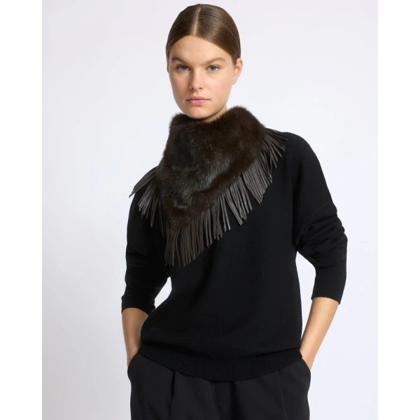 Yves Salomon Mink Fur Bandana with Lamb Leather Fringes in Brown | Scarves | Coveti
