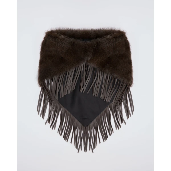Yves Salomon Mink Fur Bandana with Lamb Leather Fringes in Brown | Scarves | Coveti