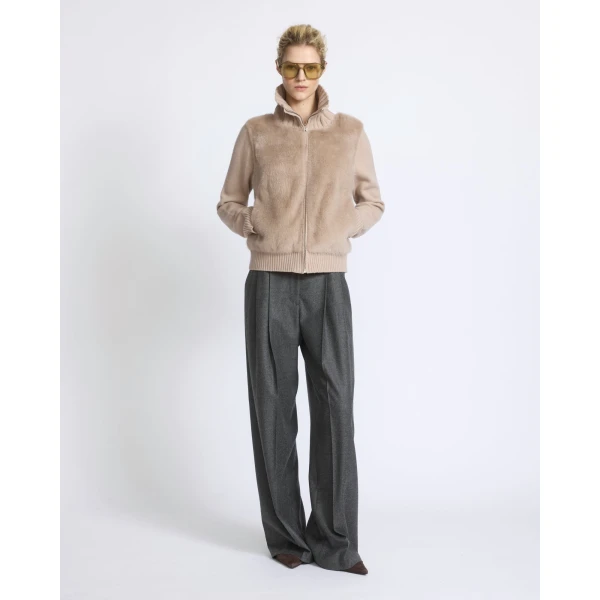 Yves Salomon Mink Fur and Merino Knit Jacket in Beige | Mink Jacket | Coveti