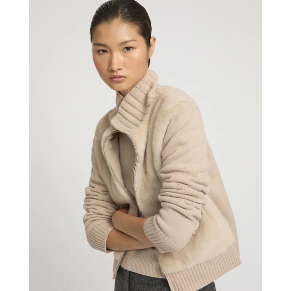 Yves Salomon Mink Fur and Merino Knit Jacket in Beige | Mink Jacket | Coveti