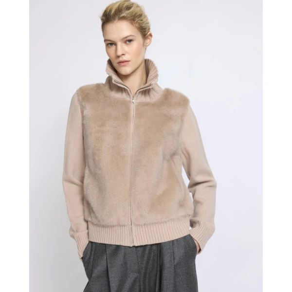 Yves Salomon Mink Fur and Merino Knit Jacket in Beige | Mink Jacket | Coveti