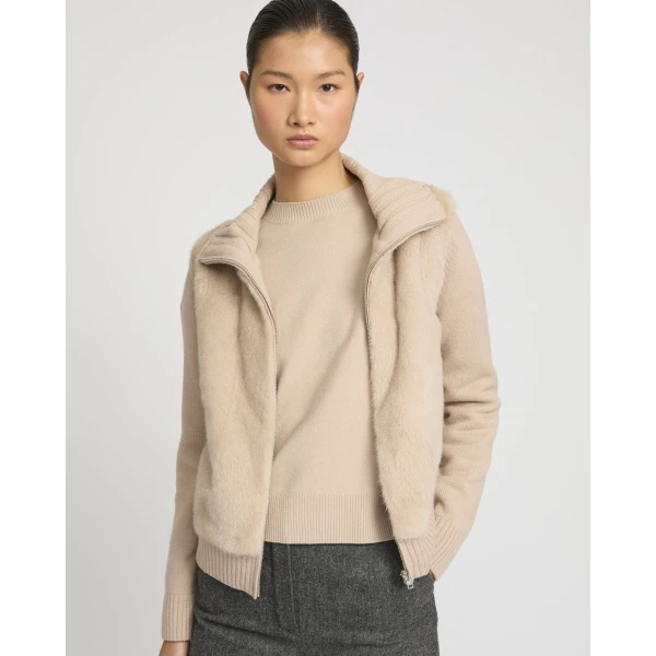 Yves Salomon Mink Fur and Merino Knit Jacket in Beige | Mink Jacket | Coveti
