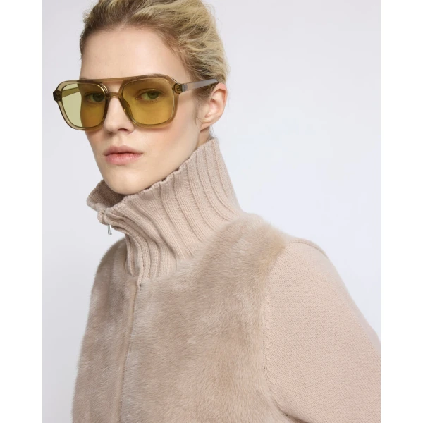 Yves Salomon Mink Fur and Merino Knit Jacket in Beige | Mink Jacket | Coveti