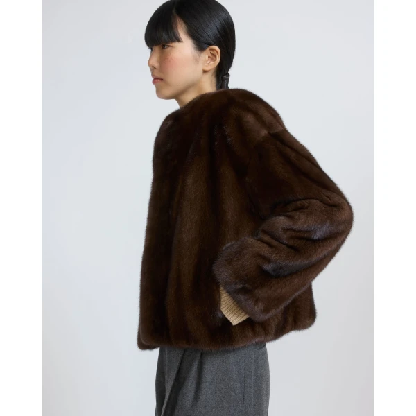 Yves Salomon Oversized Long-Haired Mink Fur Jacket in Brown | Mink Jacket | Coveti