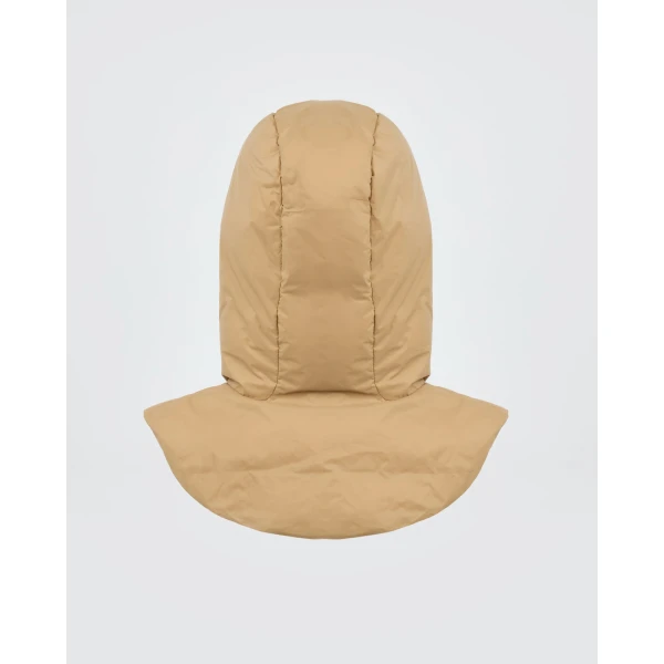 Yves Salomon Padded Hood Bib in Water-Repellent Technical Fabric in Camel | Hats | Coveti