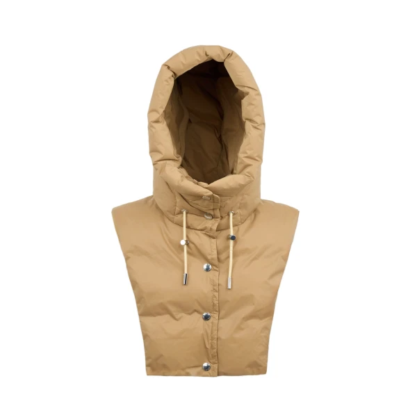 Yves Salomon Padded Hood Bib in Water-Repellent Technical Fabric in Camel | Women | Coveti