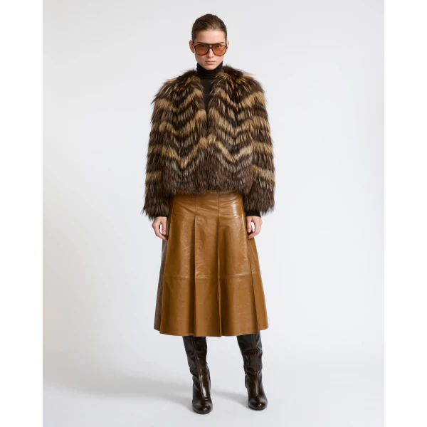 Yves Salomon Pleated Patent Lambskin Leather Skirt in Brown | Leather Skirts | Coveti