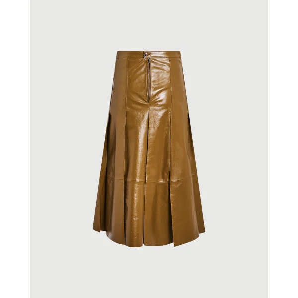 Yves Salomon Pleated Patent Lambskin Leather Skirt in Brown | Leather Skirts | Coveti
