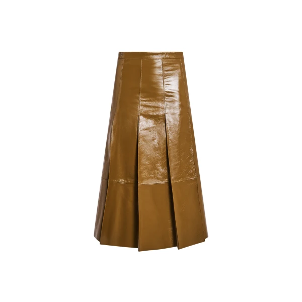 Pleated Patent Lambskin Leather Skirt in Brown