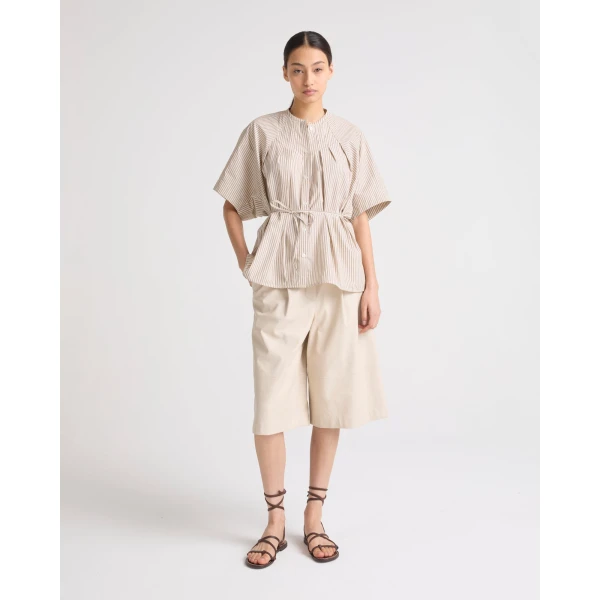 Yves Salomon Pleated Shirt in Striped Cotton Poplin in Palma Stripe | Shirts | Coveti