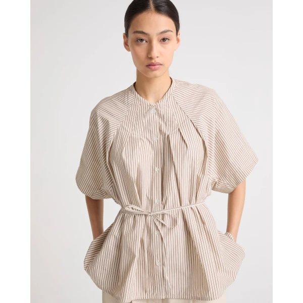 Yves Salomon Pleated Shirt in Striped Cotton Poplin in Palma Stripe | Shirts | Coveti