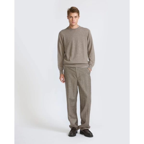Yves Salomon Printed Loro Piana Wool and Cashmere Flannel Trousers in Beige Houndstooth | Men's Trousers | Coveti