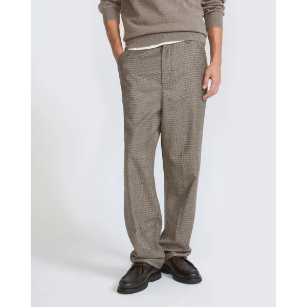 Yves Salomon Printed Loro Piana Wool and Cashmere Flannel Trousers in Beige Houndstooth | Men's Trousers | Coveti
