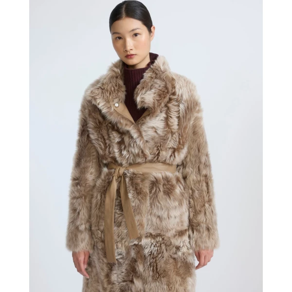 Yves Salomon Reversible Belted Coat in Toscana Lambskin in Camel | Shearling Coat | Coveti