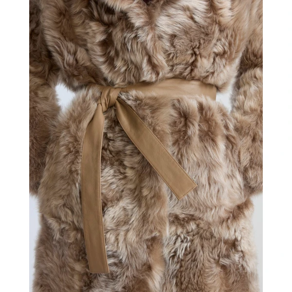 Yves Salomon Reversible Belted Coat in Toscana Lambskin in Camel | Shearling Coat | Coveti