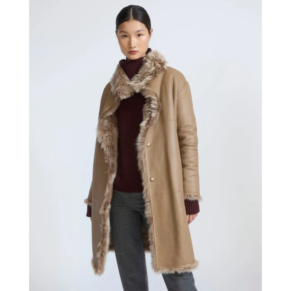 Yves Salomon Reversible Belted Coat in Toscana Lambskin in Camel | Shearling Coat | Coveti