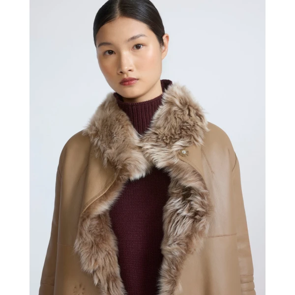 Yves Salomon Reversible Belted Coat in Toscana Lambskin in Camel | Shearling Coat | Coveti