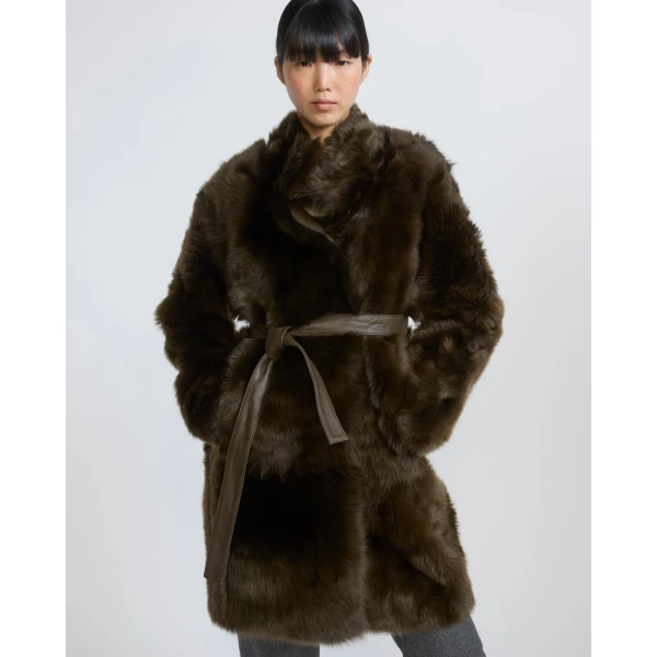 Yves Salomon Reversible Belted Coat in Toscana Lambskin in Khaki Green | Shearling Coat | Coveti