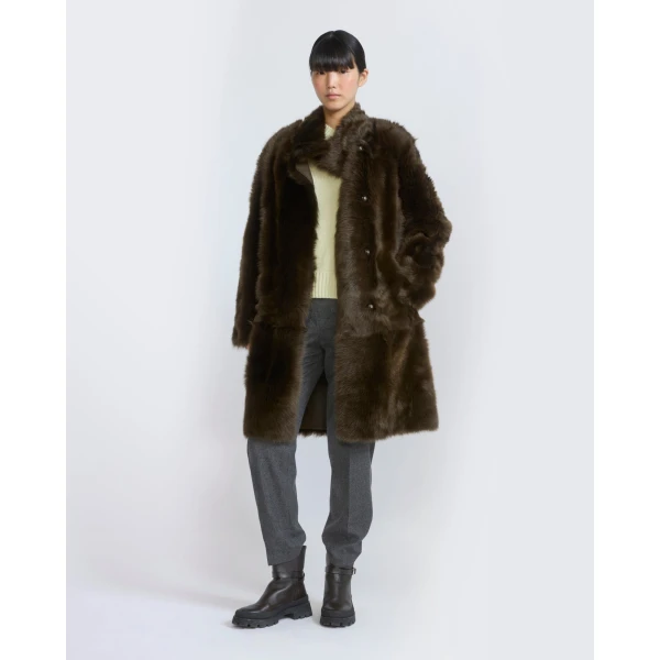 Yves Salomon Reversible Belted Coat in Toscana Lambskin in Khaki Green | Shearling Coat | Coveti