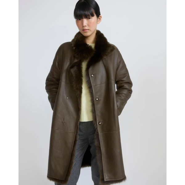 Yves Salomon Reversible Belted Coat in Toscana Lambskin in Khaki Green | Shearling Coat | Coveti
