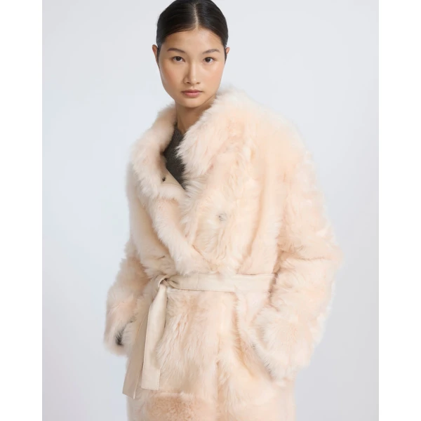Yves Salomon Reversible Belted Coat in Toscana Lambskin in Pink | Shearling Coat | Coveti