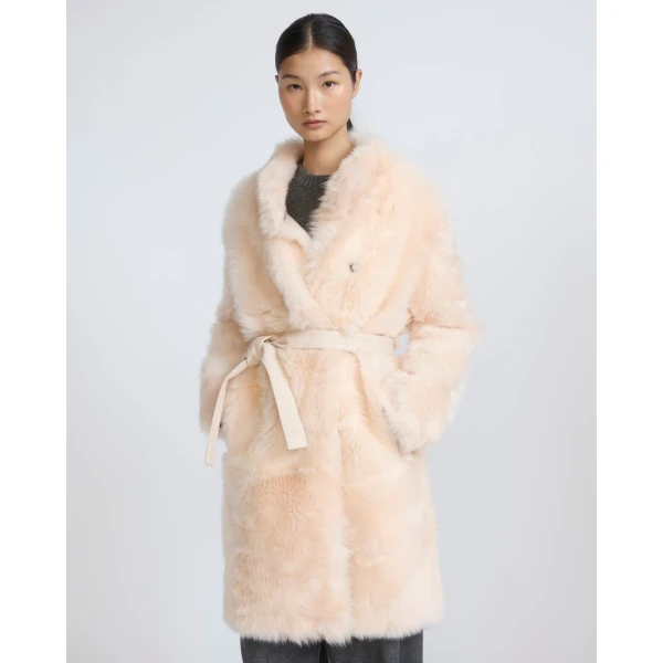 Yves Salomon Reversible Belted Coat in Toscana Lambskin in Pink | Shearling Coat | Coveti