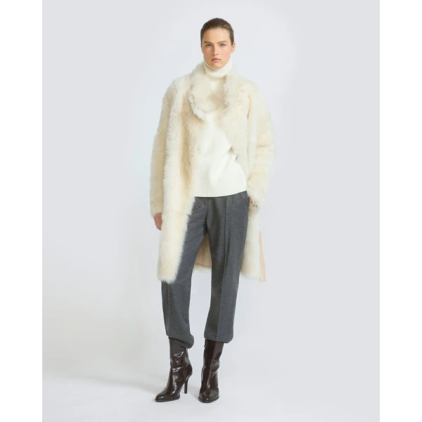 Yves Salomon Reversible Belted Coat in Toscana Lambskin in White | Shearling Coat | Coveti