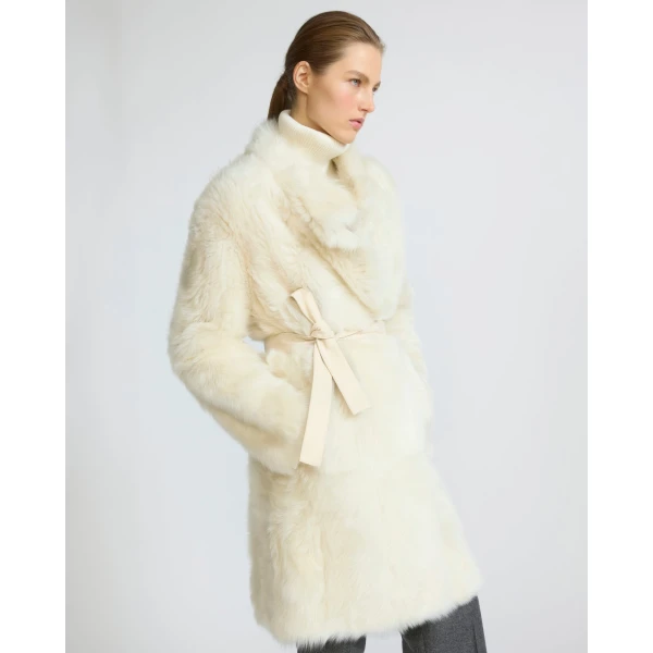 Yves Salomon Reversible Belted Coat in Toscana Lambskin in White | Shearling Coat | Coveti