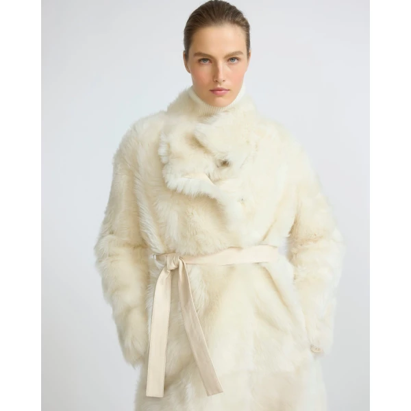 Yves Salomon Reversible Belted Coat in Toscana Lambskin in White | Shearling Coat | Coveti