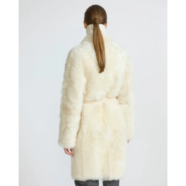 Yves Salomon Reversible Belted Coat in Toscana Lambskin in White | Shearling Coat | Coveti