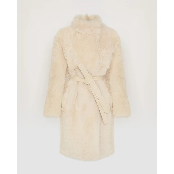 Yves Salomon Reversible Belted Coat in Toscana Lambskin in White | Shearling Coat | Coveti