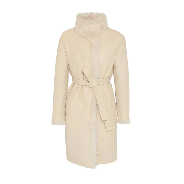 Yves Salomon Reversible Belted Coat in Toscana Lambskin in White | Shearling Coat | Coveti