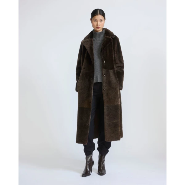 Yves Salomon Reversible Belted Long Shearling Coat in Brown | Shearling Coat | Coveti