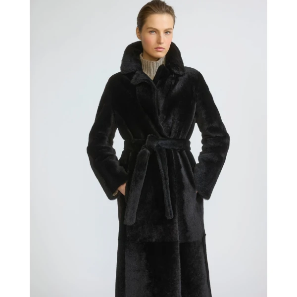 Yves Salomon Reversible Belted Long Shearling Coat in Brown | Shearling Coat | Coveti