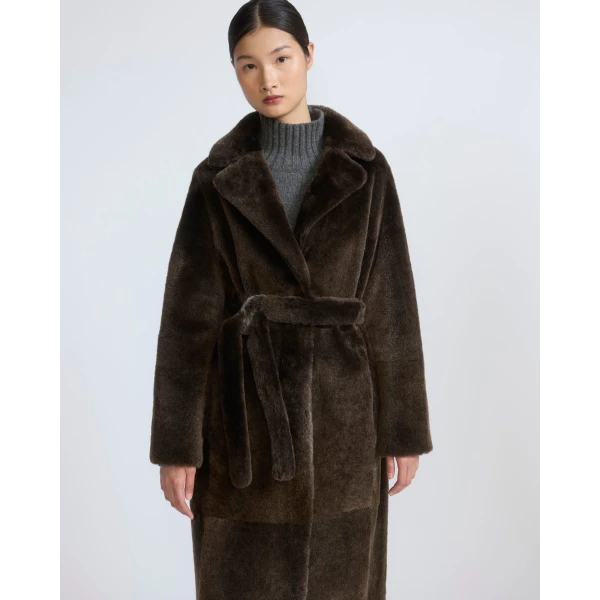 Yves Salomon Reversible Belted Long Shearling Coat in Brown | Shearling Coat | Coveti