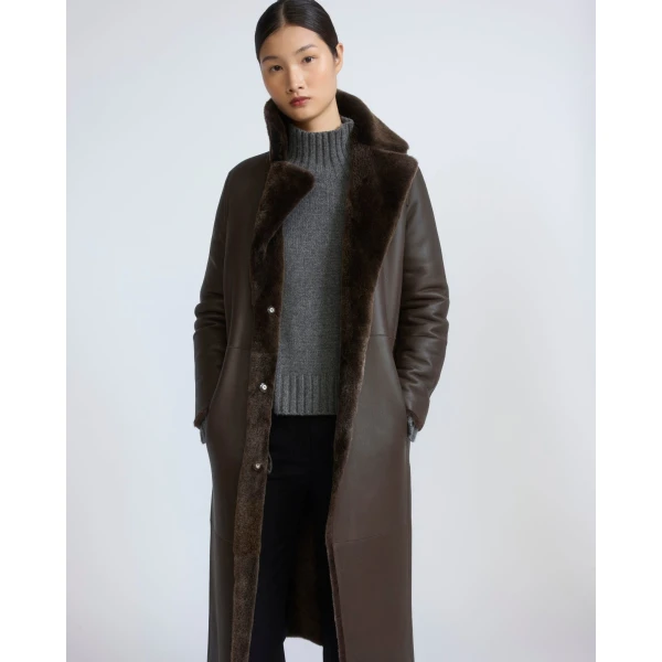 Yves Salomon Reversible Belted Long Shearling Coat in Brown | Shearling Coat | Coveti
