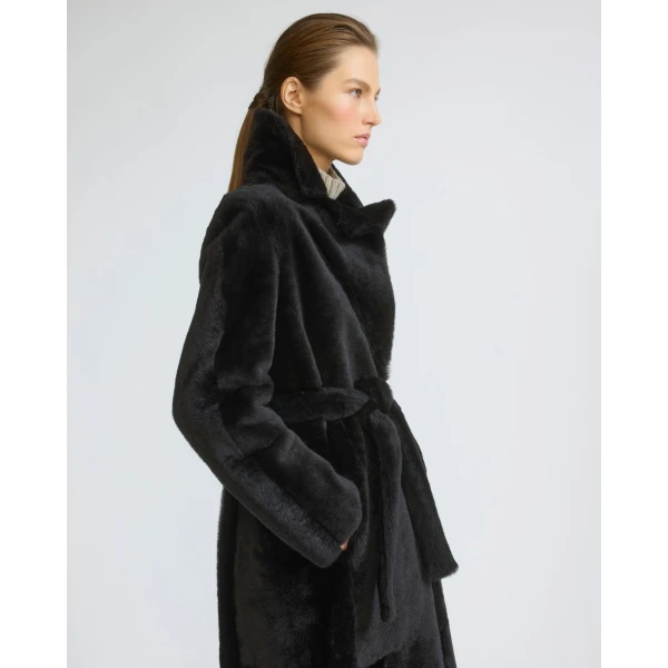 Yves Salomon Reversible Belted Long Shearling Coat in Brown | Shearling Coat | Coveti