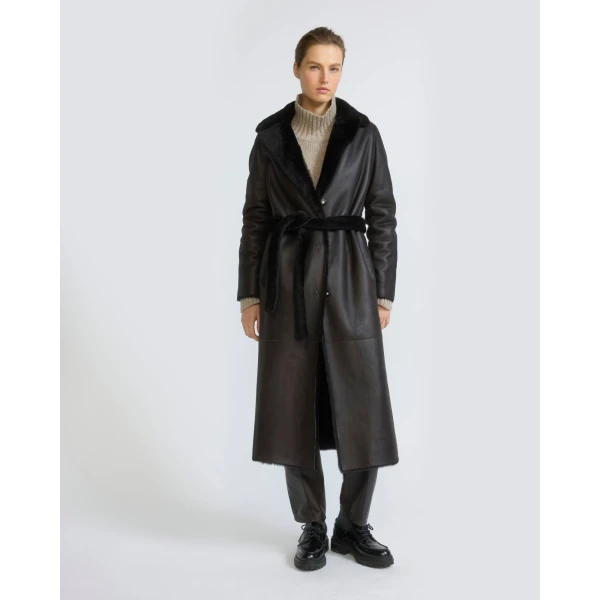 Yves Salomon Reversible Belted Long Shearling Coat in Brown | Shearling Coat | Coveti