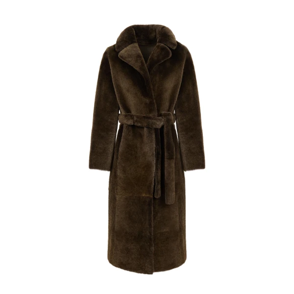 Yves Salomon Reversible Belted Long Shearling Coat in Brown | Women | Coveti