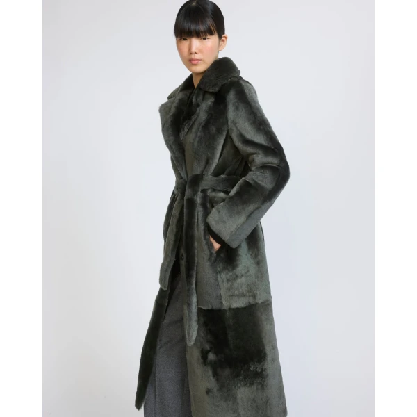 Yves Salomon Reversible Belted Long Shearling Coat in Dark Green | Shearling Coat | Coveti