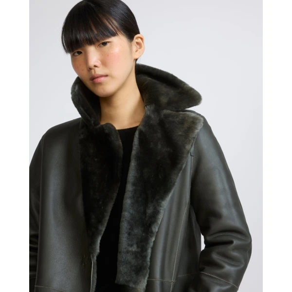 Yves Salomon Reversible Belted Long Shearling Coat in Dark Green | Shearling Coat | Coveti