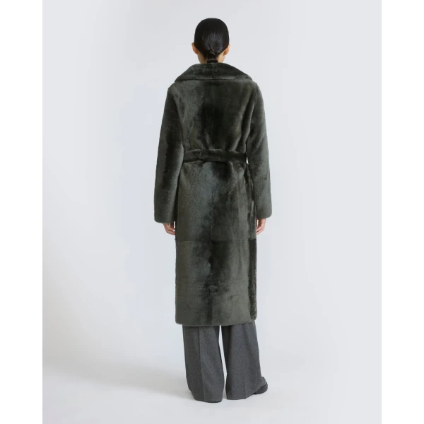 Yves Salomon Reversible Belted Long Shearling Coat in Dark Green | Shearling Coat | Coveti