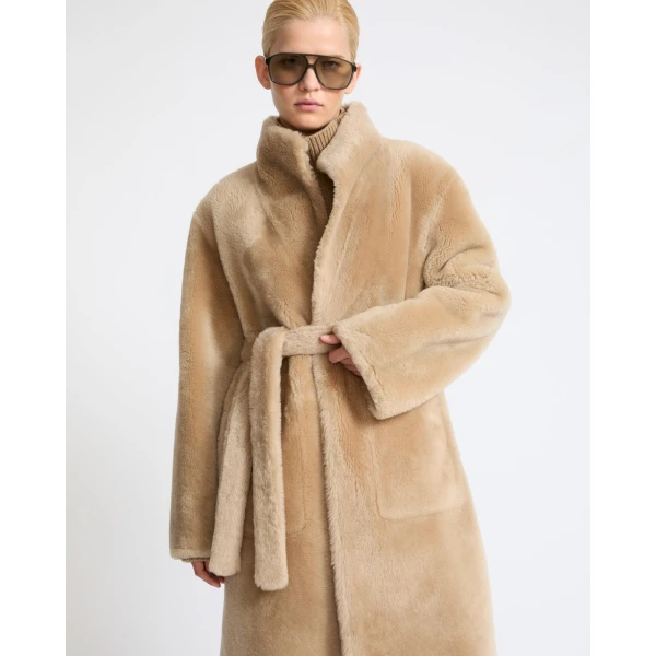 Yves Salomon Reversible Coat in Stiff Merino Lamb Shearling in Beige | Shearling Coat | Coveti