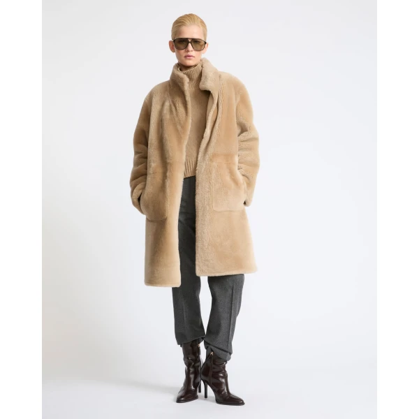 Yves Salomon Reversible Coat in Stiff Merino Lamb Shearling in Beige | Shearling Coat | Coveti