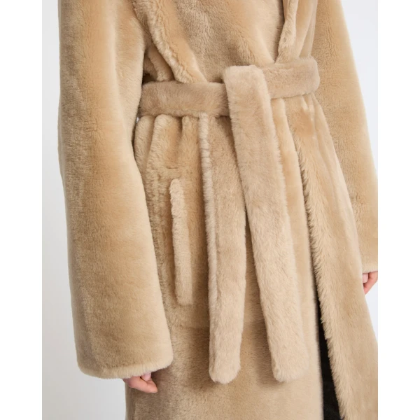 Yves Salomon Reversible Coat in Stiff Merino Lamb Shearling in Beige | Shearling Coat | Coveti